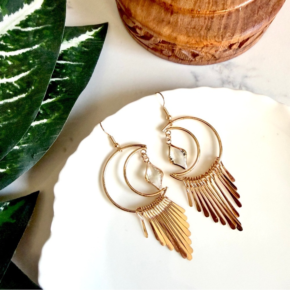 2/$30🌵 Gold Crescent Moon Stone Dangle Tassel Chandelier Earrings Celestial NEW